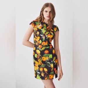 NWT KAREN MILLEN Italian Signature Citrus Print Cross Front Mini Dress